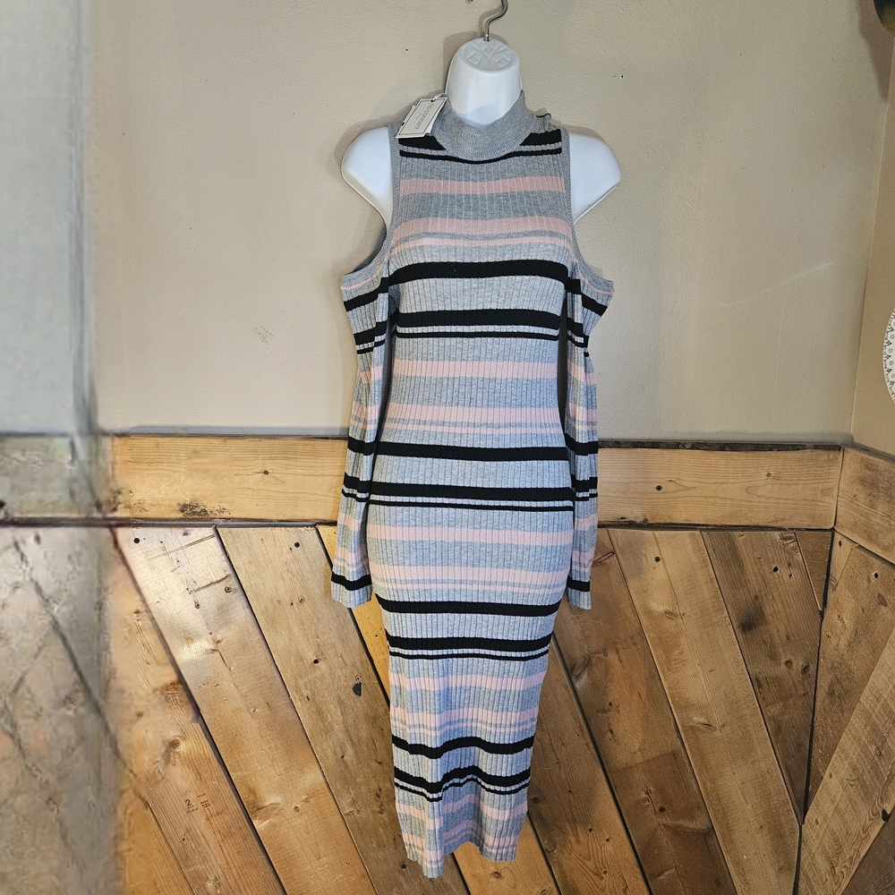 No Comment Striped Ribbed Knit Cold Shoulder Spring Maxidress Medium